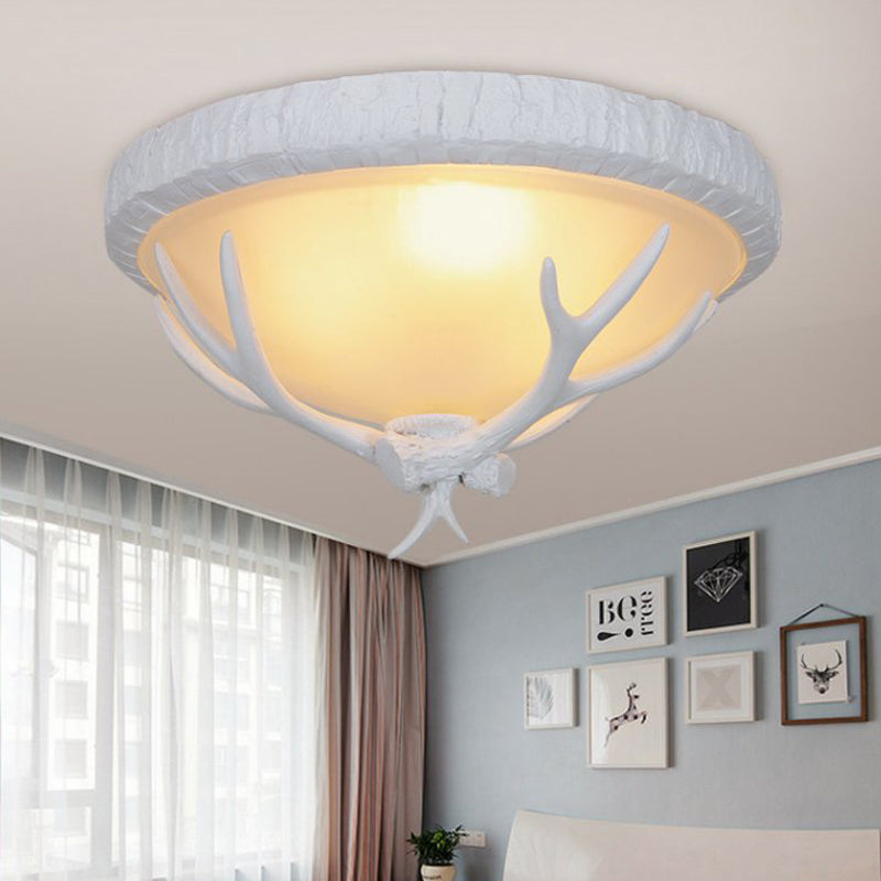 Bowl Frosted Glass Flush Fixture Country Style 3 Light Living Room Flush Lamp in White with Elk Pattern Clearhalo 'Ceiling Lights' 'Close To Ceiling Lights' 'Close to ceiling' 'Flush mount' Lighting' 229722