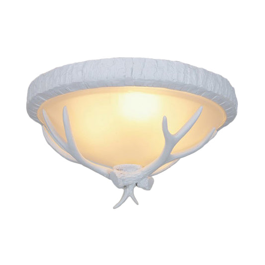 Bowl Frosted Glass Flush Fixture Country Style 3 Light Living Room Flush Lamp in White with Elk Pattern Clearhalo 'Ceiling Lights' 'Close To Ceiling Lights' 'Close to ceiling' 'Flush mount' Lighting' 229723