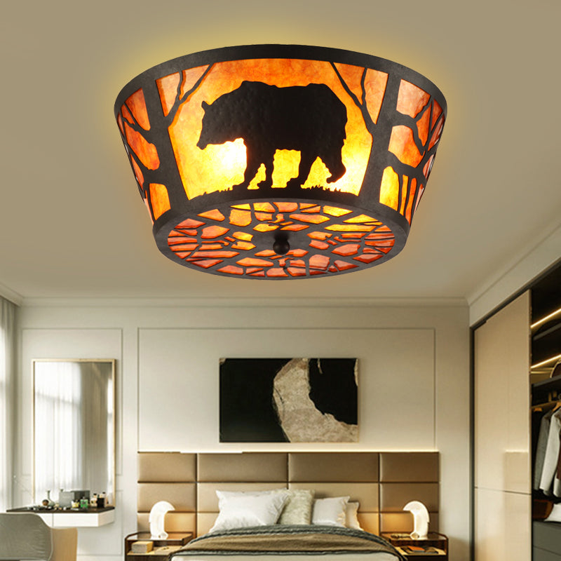 3 Lights Flushmount Lighting Country Round Marble Flush Ceiling Light in Brown with Bear/Horse Pattern Brown Bear Clearhalo 'Ceiling Lights' 'Close To Ceiling Lights' 'Close to ceiling' 'Flush mount' Lighting' 229728