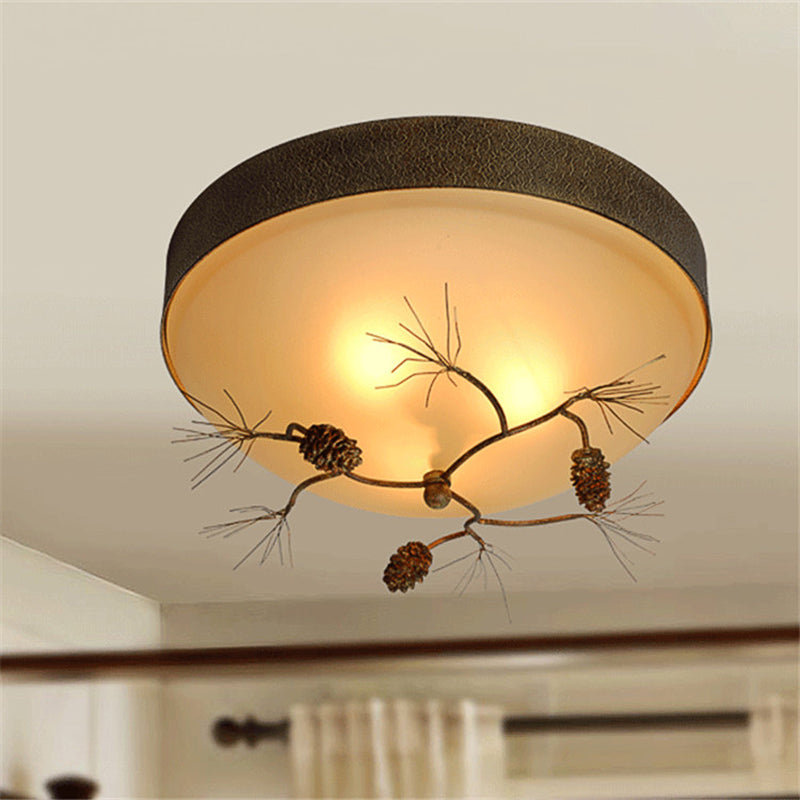 Brown 3-Light Ceiling Mount Light Rustic Frosted Glass Bowl Flush Light Fixture for Corridor with Pinecone Clearhalo 'Ceiling Lights' 'Close To Ceiling Lights' 'Close to ceiling' 'Flush mount' Lighting' 229734