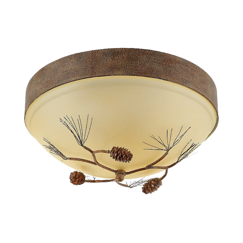 Brown 3-Light Ceiling Mount Light Rustic Frosted Glass Bowl Flush Light Fixture for Corridor with Pinecone Clearhalo 'Ceiling Lights' 'Close To Ceiling Lights' 'Close to ceiling' 'Flush mount' Lighting' 229735