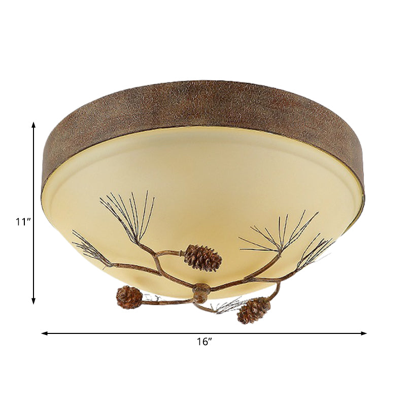 Brown 3-Light Ceiling Mount Light Rustic Frosted Glass Bowl Flush Light Fixture for Corridor with Pinecone Clearhalo 'Ceiling Lights' 'Close To Ceiling Lights' 'Close to ceiling' 'Flush mount' Lighting' 229736