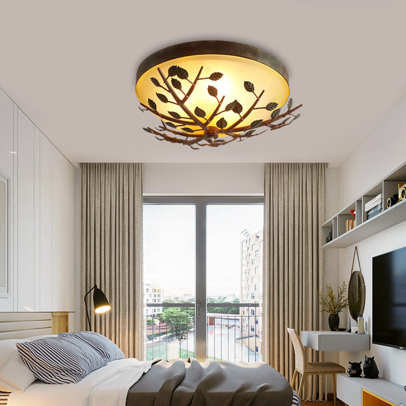 3-Light Bedroom Flush Lighting Country Brown Flush Mount with Dome Frosted Glass Shade Brown Clearhalo 'Ceiling Lights' 'Close To Ceiling Lights' 'Close to ceiling' 'Flush mount' Lighting' 229753