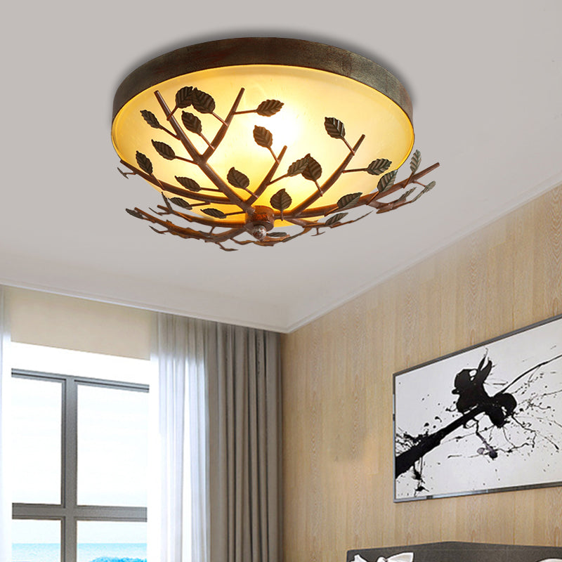 3-Light Bedroom Flush Lighting Country Brown Flush Mount with Dome Frosted Glass Shade Clearhalo 'Ceiling Lights' 'Close To Ceiling Lights' 'Close to ceiling' 'Flush mount' Lighting' 229754