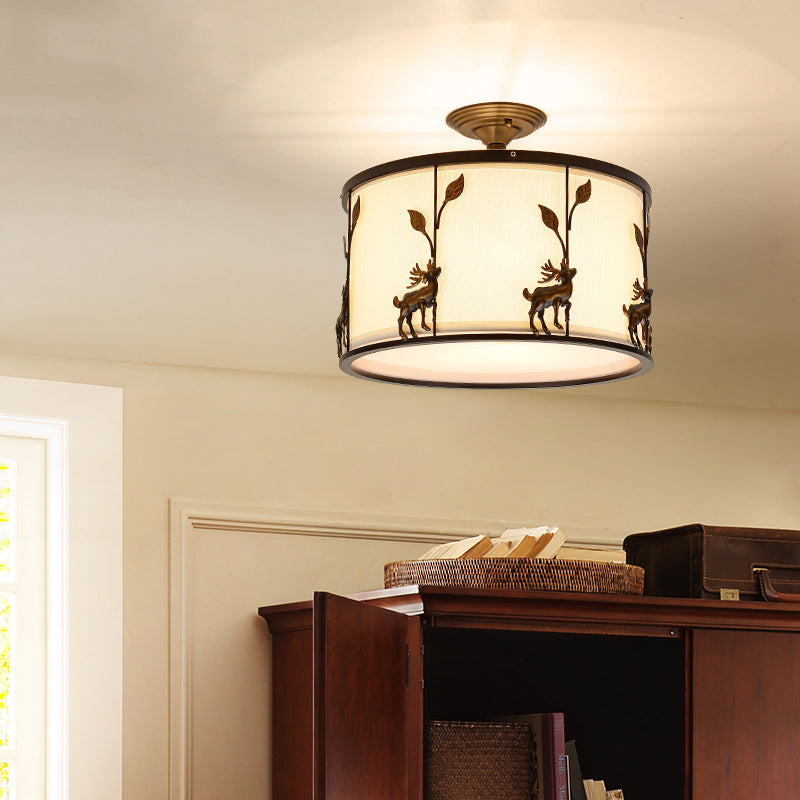 3-Light Fabric Semi Flush Light Country Black Drum Living Room Ceiling Lighting with Deer Accents Black Clearhalo 'Ceiling Lights' 'Close To Ceiling Lights' 'Close to ceiling' 'Semi-flushmount' Lighting' 229765