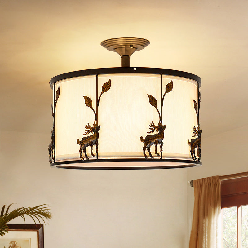 3-Light Fabric Semi Flush Light Country Black Drum Living Room Ceiling Lighting with Deer Accents Clearhalo 'Ceiling Lights' 'Close To Ceiling Lights' 'Close to ceiling' 'Semi-flushmount' Lighting' 229766