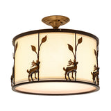 3-Light Fabric Semi Flush Light Country Black Drum Living Room Ceiling Lighting with Deer Accents Clearhalo 'Ceiling Lights' 'Close To Ceiling Lights' 'Close to ceiling' 'Semi-flushmount' Lighting' 229767