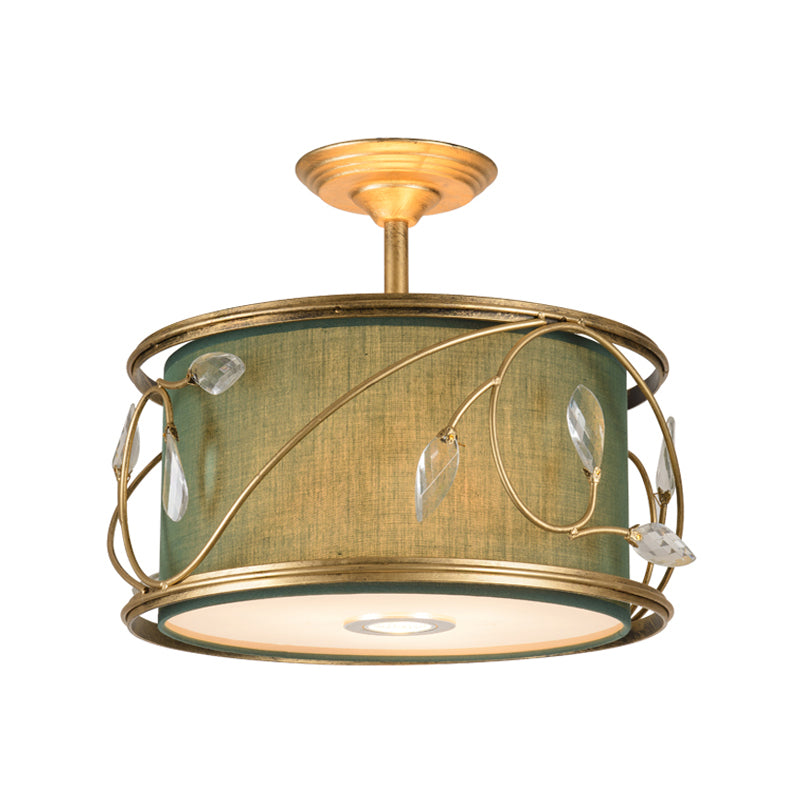 16"/19.5" W Green/Army Green Round Semi Flush Mount Country Fabric 3 Bulbs Living Room Semi Flush Ceiling Light Clearhalo 'Ceiling Lights' 'Close To Ceiling Lights' 'Close to ceiling' 'Semi-flushmount' Lighting' 229771