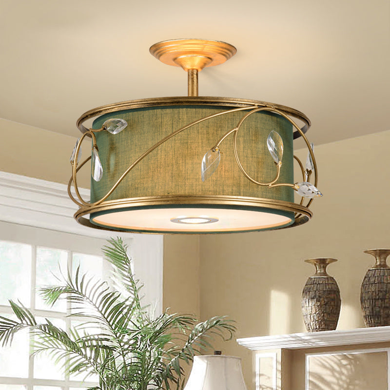 16"/19.5" W Green/Army Green Round Semi Flush Mount Country Fabric 3 Bulbs Living Room Semi Flush Ceiling Light Army Green 19.5" Clearhalo 'Ceiling Lights' 'Close To Ceiling Lights' 'Close to ceiling' 'Semi-flushmount' Lighting' 229772