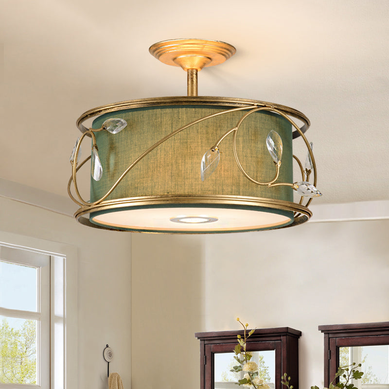 16"/19.5" W Green/Army Green Round Semi Flush Mount Country Fabric 3 Bulbs Living Room Semi Flush Ceiling Light Clearhalo 'Ceiling Lights' 'Close To Ceiling Lights' 'Close to ceiling' 'Semi-flushmount' Lighting' 229773