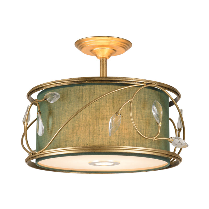 16"/19.5" W Green/Army Green Round Semi Flush Mount Country Fabric 3 Bulbs Living Room Semi Flush Ceiling Light Clearhalo 'Ceiling Lights' 'Close To Ceiling Lights' 'Close to ceiling' 'Semi-flushmount' Lighting' 229774