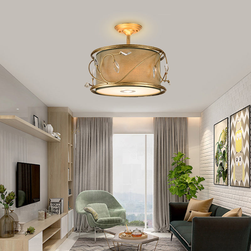 16"/19.5" W Green/Army Green Round Semi Flush Mount Country Fabric 3 Bulbs Living Room Semi Flush Ceiling Light Clearhalo 'Ceiling Lights' 'Close To Ceiling Lights' 'Close to ceiling' 'Semi-flushmount' Lighting' 229776