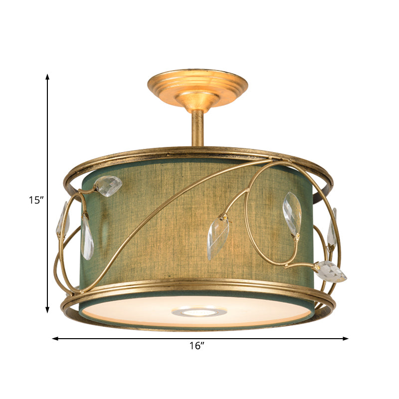 16"/19.5" W Green/Army Green Round Semi Flush Mount Country Fabric 3 Bulbs Living Room Semi Flush Ceiling Light Clearhalo 'Ceiling Lights' 'Close To Ceiling Lights' 'Close to ceiling' 'Semi-flushmount' Lighting' 229781