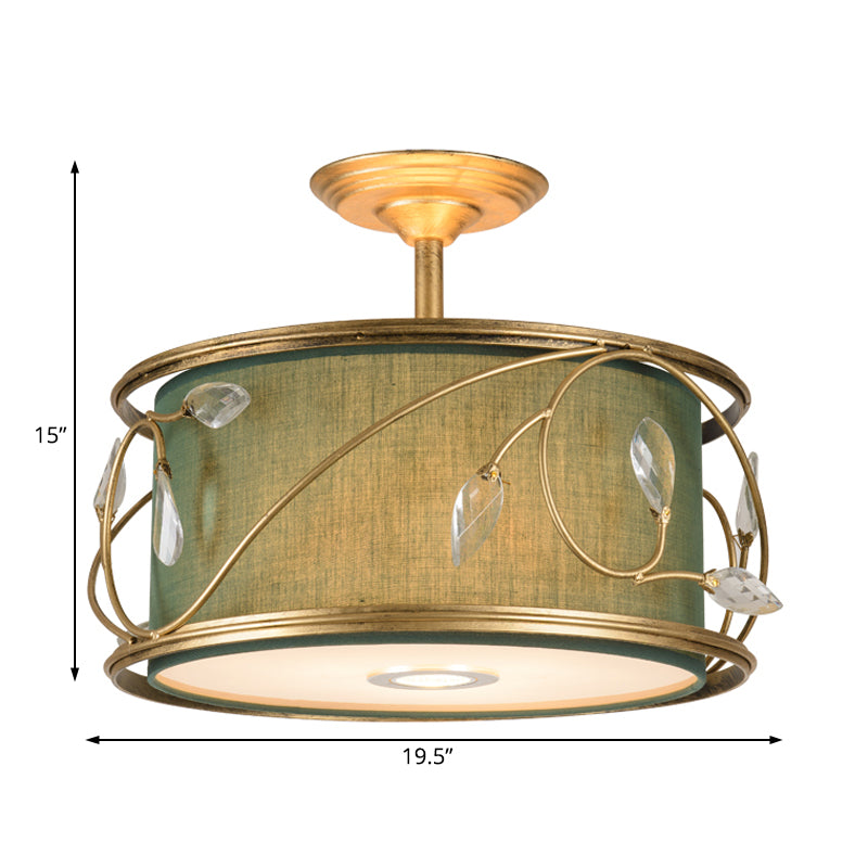 16"/19.5" W Green/Army Green Round Semi Flush Mount Country Fabric 3 Bulbs Living Room Semi Flush Ceiling Light Clearhalo 'Ceiling Lights' 'Close To Ceiling Lights' 'Close to ceiling' 'Semi-flushmount' Lighting' 229782