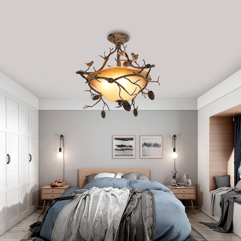 3 Lights Bowl Semi Flush Light Country Bronze Frosted Glass Semi Flush Mount Lighting for Bedroom Brown Clearhalo 'Ceiling Lights' 'Close To Ceiling Lights' 'Close to ceiling' 'Glass shade' 'Glass' 'Island Lights' 'Semi-flushmount' Lighting' 229783