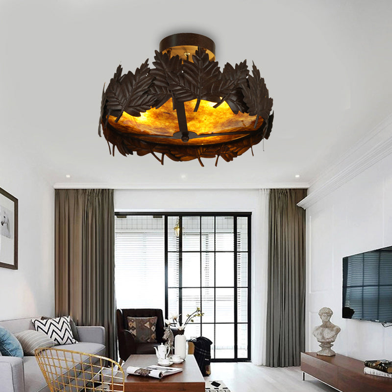 Maple Leaf Metal Semi Flush Light Rustic 3-Light Living Room Ceiling Mounted Fixture in Bronze Brown Clearhalo 'Ceiling Lights' 'Close To Ceiling Lights' 'Close to ceiling' 'Semi-flushmount' Lighting' 229788