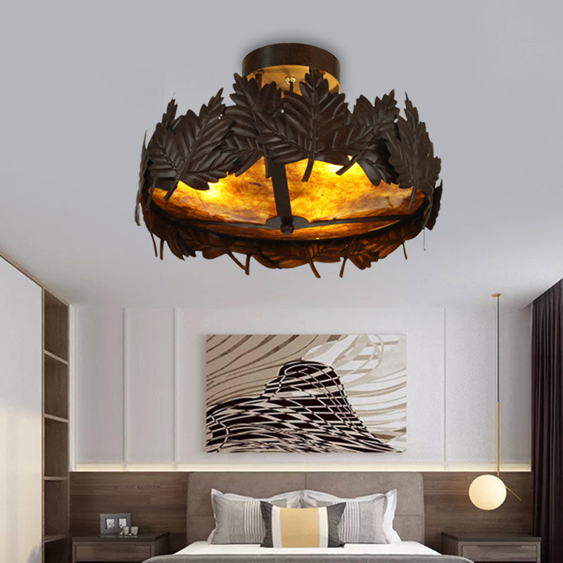 Maple Leaf Metal Semi Flush Light Rustic 3-Light Living Room Ceiling Mounted Fixture in Bronze Clearhalo 'Ceiling Lights' 'Close To Ceiling Lights' 'Close to ceiling' 'Semi-flushmount' Lighting' 229789