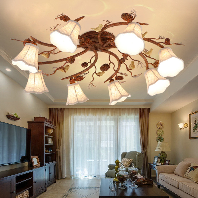 8-Light Semi Flush Mount Country Scalloped White Glass Ceiling Light Fixture in Rust for Living Room Clearhalo 'Ceiling Lights' 'Close To Ceiling Lights' 'Close to ceiling' 'Glass shade' 'Glass' 'Semi-flushmount' Lighting' 229794