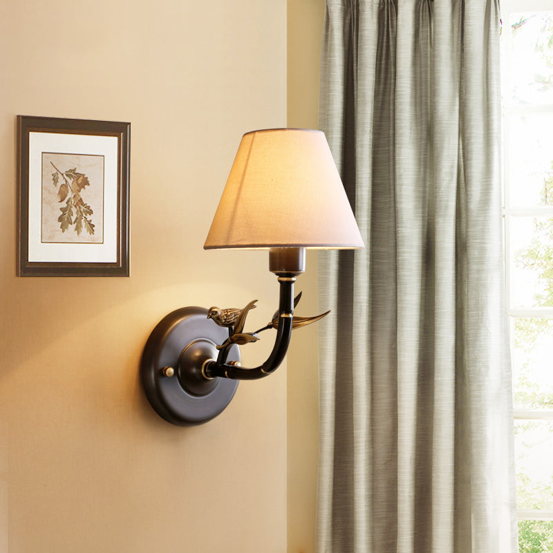 Antique Brass Tapered Wall Lighting Rustic Fabric 1 Light Bedroom Sconce Lamp with Bird Clearhalo 'Wall Lamps & Sconces' 'Wall Lights' Lighting' 229830