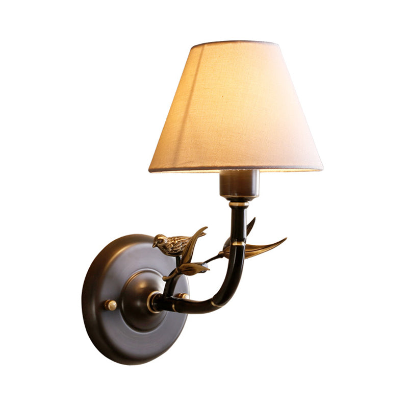 Antique Brass Tapered Wall Lighting Rustic Fabric 1 Light Bedroom Sconce Lamp with Bird Clearhalo 'Wall Lamps & Sconces' 'Wall Lights' Lighting' 229831