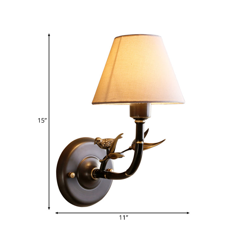 Antique Brass Tapered Wall Lighting Rustic Fabric 1 Light Bedroom Sconce Lamp with Bird Clearhalo 'Wall Lamps & Sconces' 'Wall Lights' Lighting' 229832