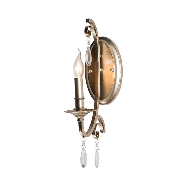 1/2 Lights Wall Lamp Lighting Country Curved Arm Metal Sconce Light Fixture in Champagne with Crystal Decoration Clearhalo 'Wall Lamps & Sconces' 'Wall Lights' Lighting' 229852