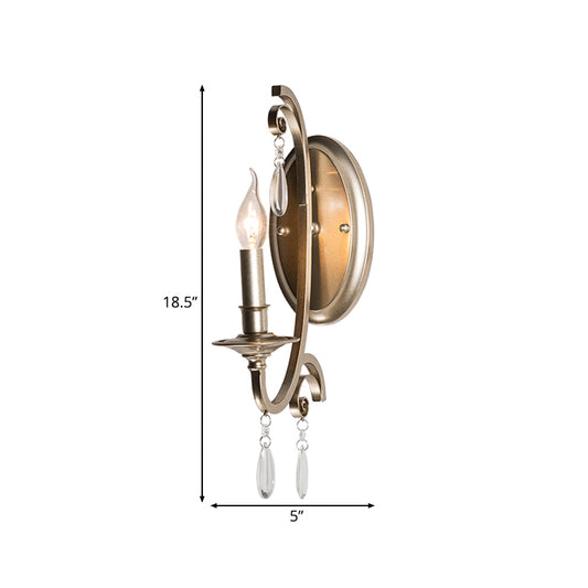 1/2 Lights Wall Lamp Lighting Country Curved Arm Metal Sconce Light Fixture in Champagne with Crystal Decoration Clearhalo 'Wall Lamps & Sconces' 'Wall Lights' Lighting' 229853