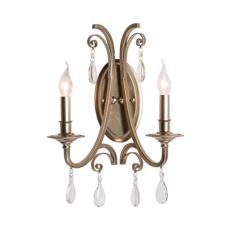 1/2 Lights Wall Lamp Lighting Country Curved Arm Metal Sconce Light Fixture in Champagne with Crystal Decoration Clearhalo 'Wall Lamps & Sconces' 'Wall Lights' Lighting' 229856