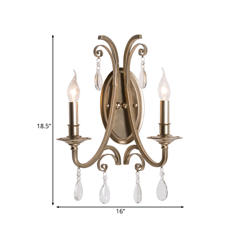 1/2 Lights Wall Lamp Lighting Country Curved Arm Metal Sconce Light Fixture in Champagne with Crystal Decoration Clearhalo 'Wall Lamps & Sconces' 'Wall Lights' Lighting' 229857