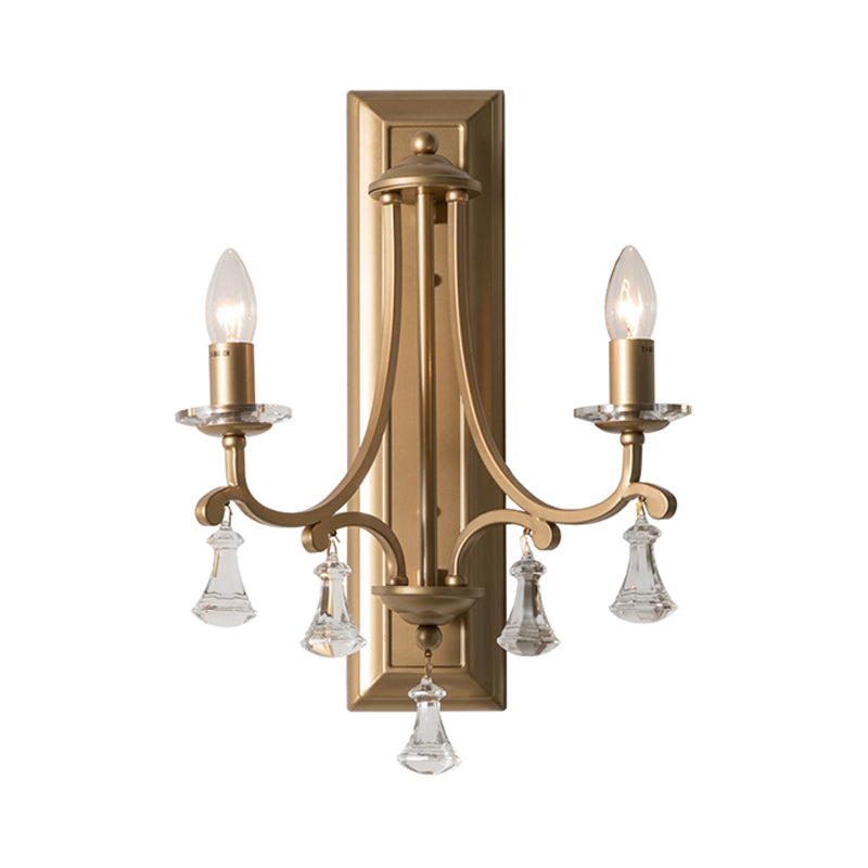 Rustic Candle Sconce Lamp 2-Bulb Metal Wall Mounted Light in Gold with Clear Crystal Drop Clearhalo 'Wall Lamps & Sconces' 'Wall Lights' Lighting' 229861