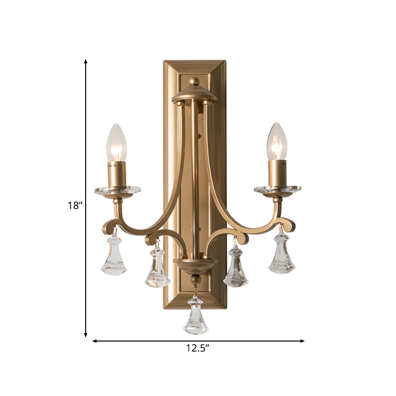 Rustic Candle Sconce Lamp 2-Bulb Metal Wall Mounted Light in Gold with Clear Crystal Drop Clearhalo 'Wall Lamps & Sconces' 'Wall Lights' Lighting' 229862