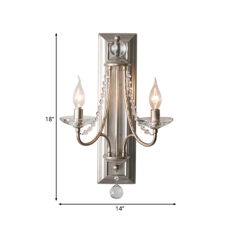 Silver/Gold Candle Wall Lighting Rustic Metal 2 Lights Indoor Sconce Lamp with Clear Crystal Drop Clearhalo 'Wall Lamps & Sconces' 'Wall Lights' Lighting' 229870