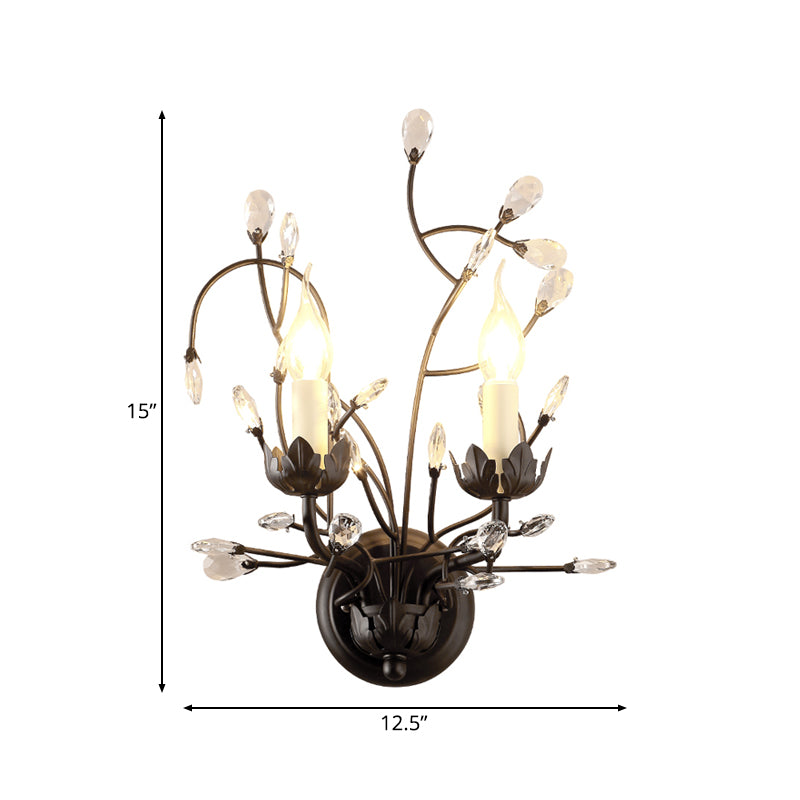 Black 2-Light Sconce Light Rustic Metal Candle Wall Lighting Fixture for Bedroom with Crystal Decorative Clearhalo 'Wall Lamps & Sconces' 'Wall Lights' Lighting' 229874