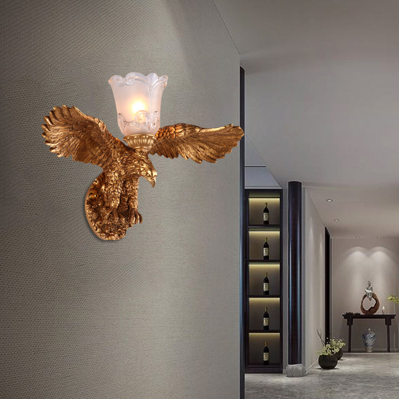 1 Light Metal Wall Lamp Rustic Bronze Eagle Indoor Sconce Light Fixture with Flared Frosted Glass Shade Brass Clearhalo 'Wall Lamps & Sconces' 'Wall Lights' Lighting' 229883