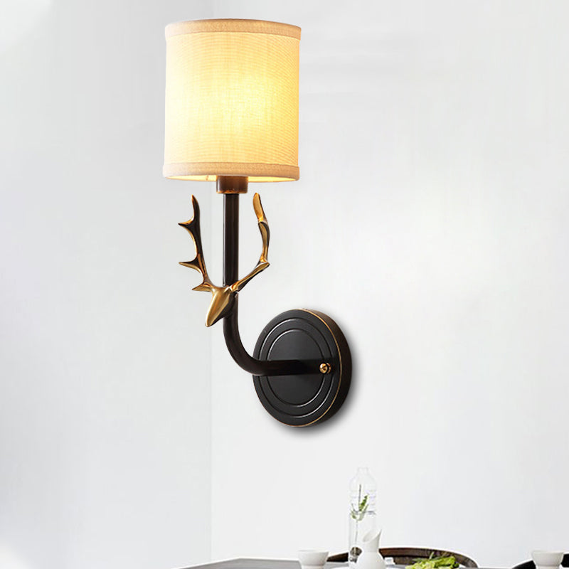 Metal Elk Sconce Lighting Rustic 1/2 Light Living Room Wall Mounted Lamp in Black/Gold with Cylinder Fabric Shade Clearhalo 'Wall Lamps & Sconces' 'Wall Lights' Lighting' 229937