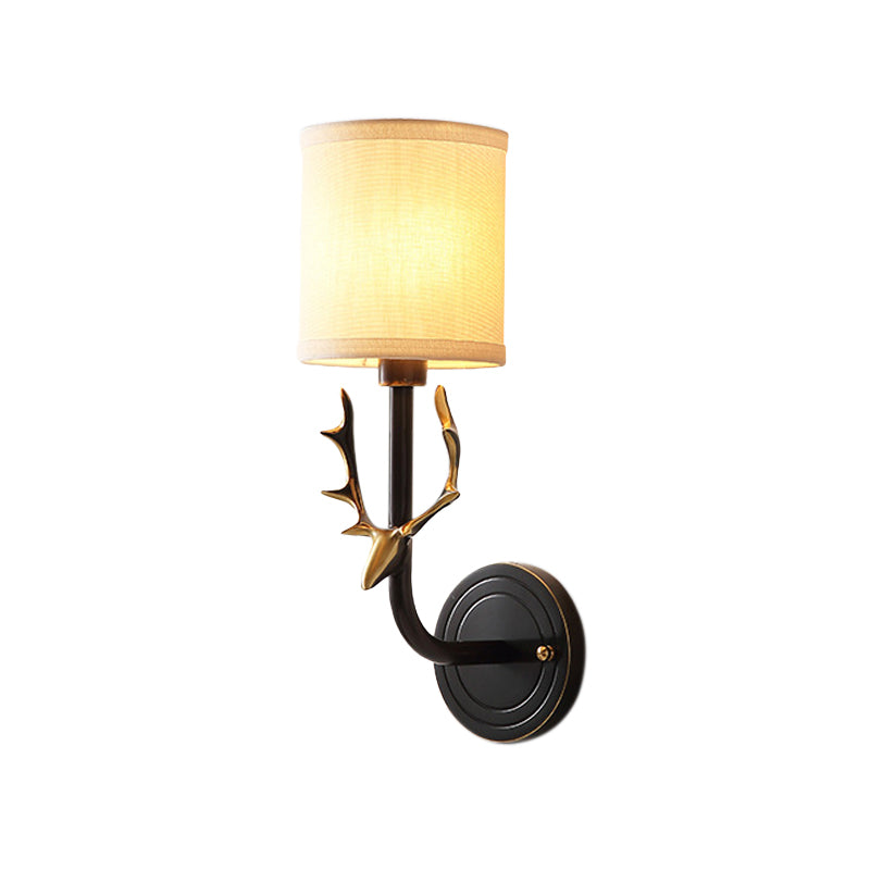 Metal Elk Sconce Lighting Rustic 1/2 Light Living Room Wall Mounted Lamp in Black/Gold with Cylinder Fabric Shade 1.0 Black Clearhalo 'Wall Lamps & Sconces' 'Wall Lights' Lighting' 229938