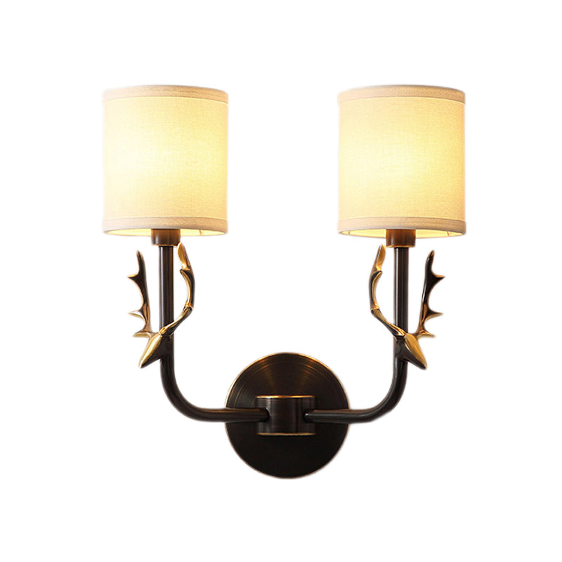 Metal Elk Sconce Lighting Rustic 1/2 Light Living Room Wall Mounted Lamp in Black/Gold with Cylinder Fabric Shade Clearhalo 'Wall Lamps & Sconces' 'Wall Lights' Lighting' 229942