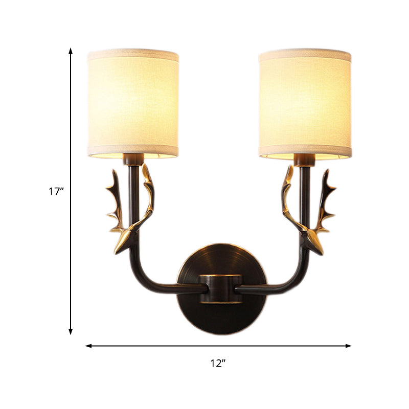 Metal Elk Sconce Lighting Rustic 1/2 Light Living Room Wall Mounted Lamp in Black/Gold with Cylinder Fabric Shade Clearhalo 'Wall Lamps & Sconces' 'Wall Lights' Lighting' 229943