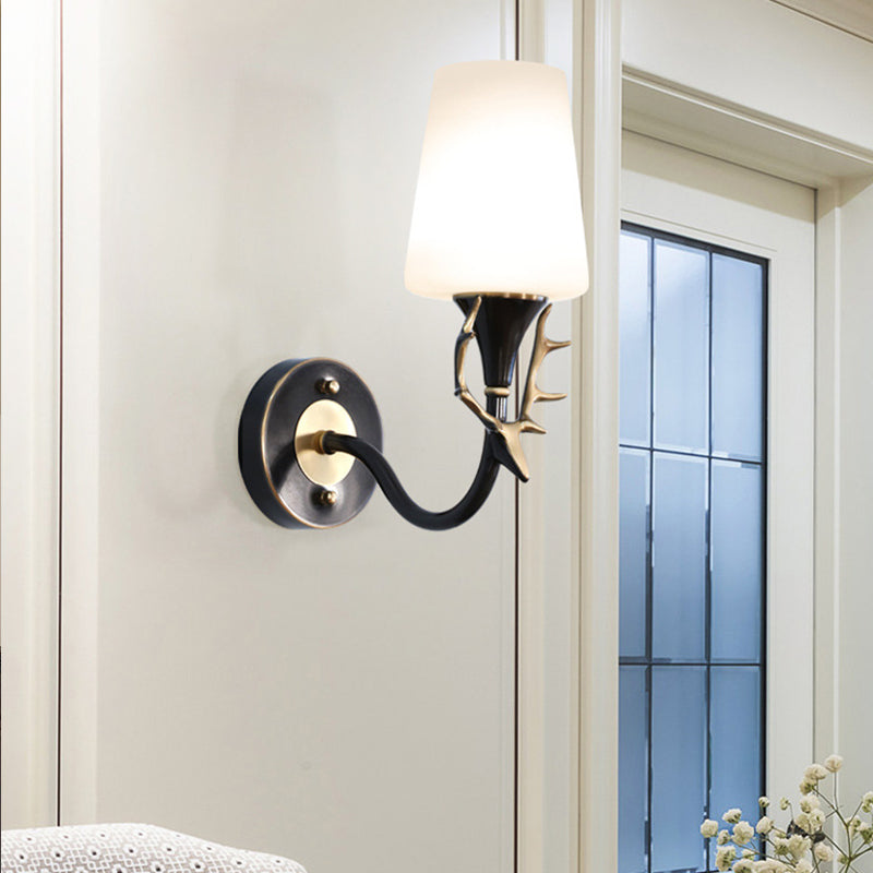 Black/Gold 1/2 Light Sconce Light Rustic Metal Curved Arm Wall Lighting for Bedroom with Tapered Frosted Glass Shade Clearhalo 'Wall Lamps & Sconces' 'Wall Lights' Lighting' 229948