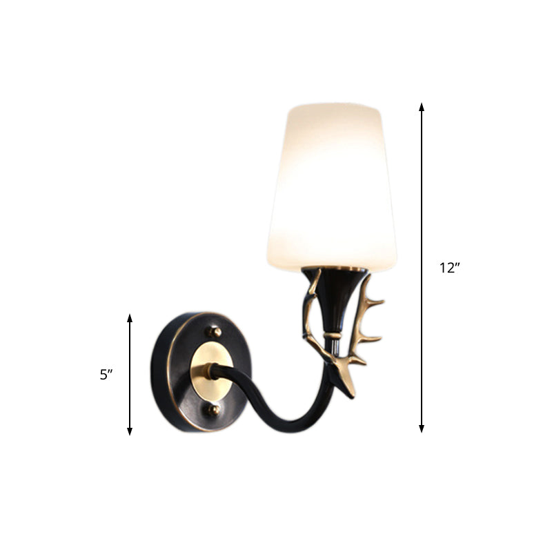 Black/Gold 1/2 Light Sconce Light Rustic Metal Curved Arm Wall Lighting for Bedroom with Tapered Frosted Glass Shade Clearhalo 'Wall Lamps & Sconces' 'Wall Lights' Lighting' 229950