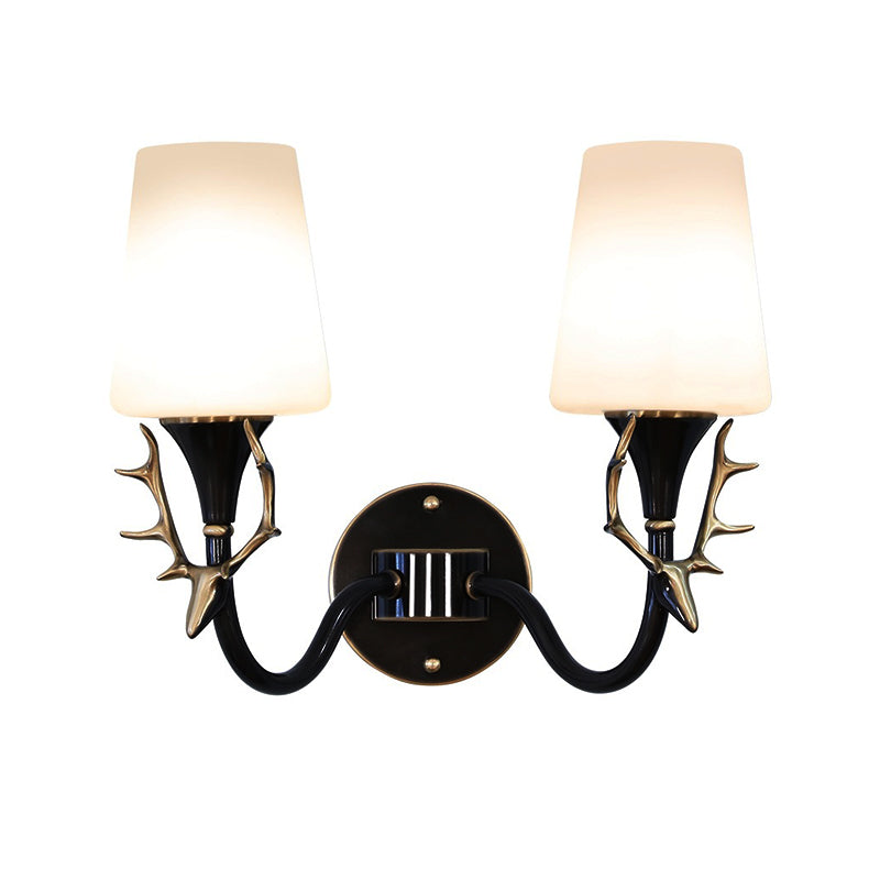 Black/Gold 1/2 Light Sconce Light Rustic Metal Curved Arm Wall Lighting for Bedroom with Tapered Frosted Glass Shade Clearhalo 'Wall Lamps & Sconces' 'Wall Lights' Lighting' 229957