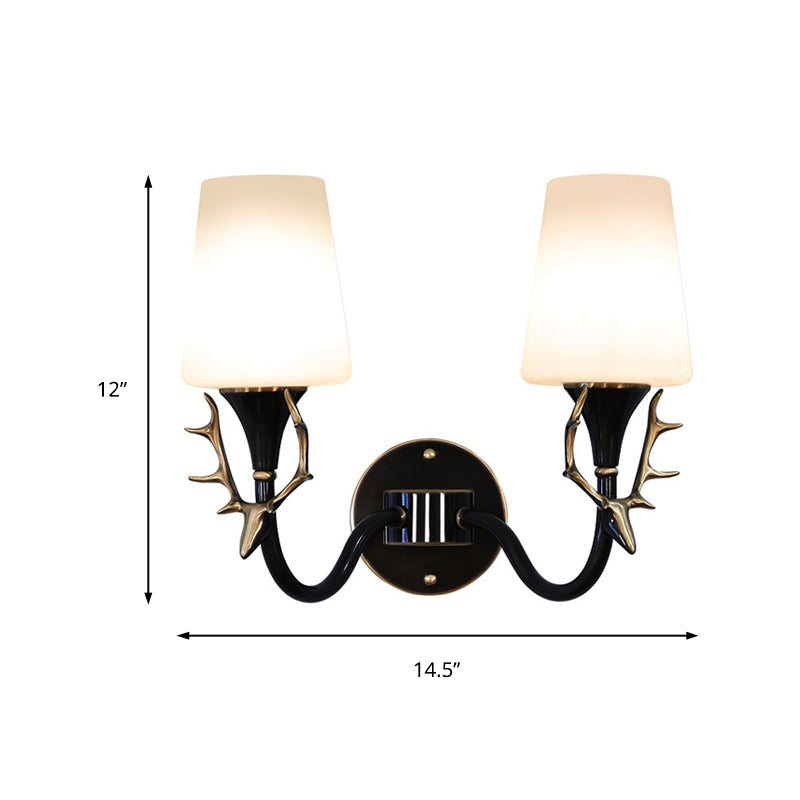 Black/Gold 1/2 Light Sconce Light Rustic Metal Curved Arm Wall Lighting for Bedroom with Tapered Frosted Glass Shade Clearhalo 'Wall Lamps & Sconces' 'Wall Lights' Lighting' 229958