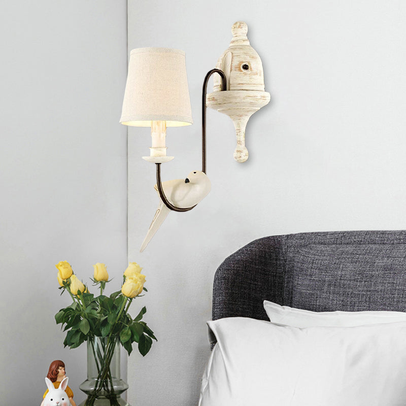 Tapered Bedroom Wall Lamp Country Metal 1/2 Light White Sconce Light Fixture with Bird Accents 1.0 White Clearhalo 'Wall Lamps & Sconces' 'Wall Lights' Lighting' 229962