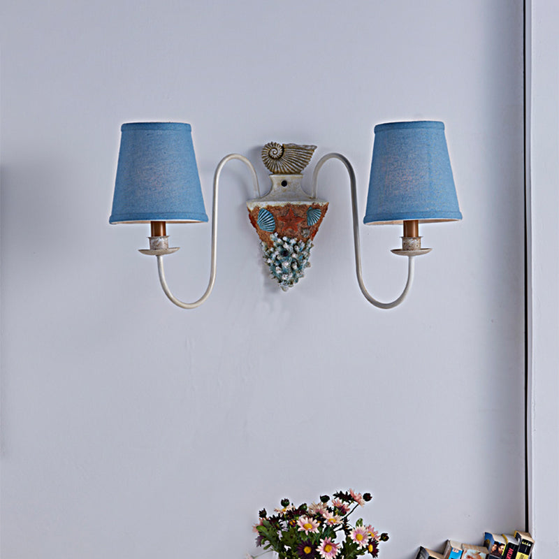 2-Bulb Metal Wall Lighting Country Blue Curved Arm Indoor Sconce Light Fixture with Tapered Fabric Shade Blue Clearhalo 'Wall Lamps & Sconces' 'Wall Lights' Lighting' 229971