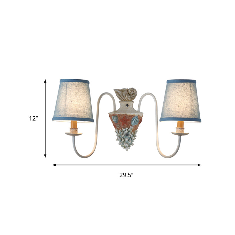 2-Bulb Metal Wall Lighting Country Blue Curved Arm Indoor Sconce Light Fixture with Tapered Fabric Shade Clearhalo 'Wall Lamps & Sconces' 'Wall Lights' Lighting' 229974