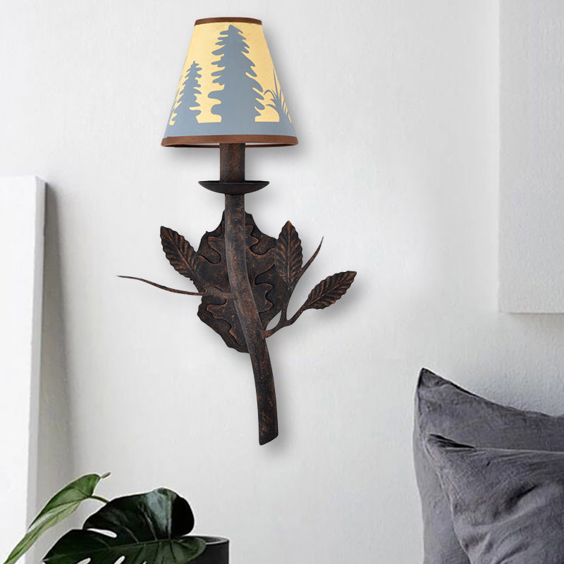 Metal Rust Sconce Lamp Torch 1-Light Country Wall Mounted Lighting with Yellow Fabric Shade Clearhalo 'Wall Lamps & Sconces' 'Wall Lights' Lighting' 229977