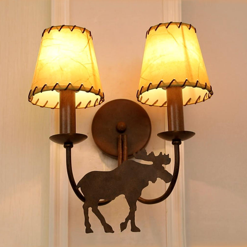 Tapered Metal Sconce Lighting Country 2-Light Living Room Wall Mounted Lamp in Rust with Deer Clearhalo 'Wall Lamps & Sconces' 'Wall Lights' Lighting' 229982