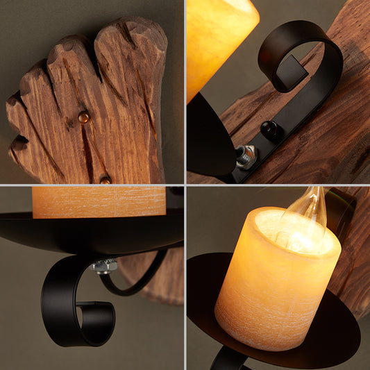 1 Light Wall Lamp Lighting Country Candle Marble Sconce Light Fixture in Black with Foot Print Wooden Backplate Clearhalo 'Wall Lamps & Sconces' 'Wall Lights' Lighting' 229997