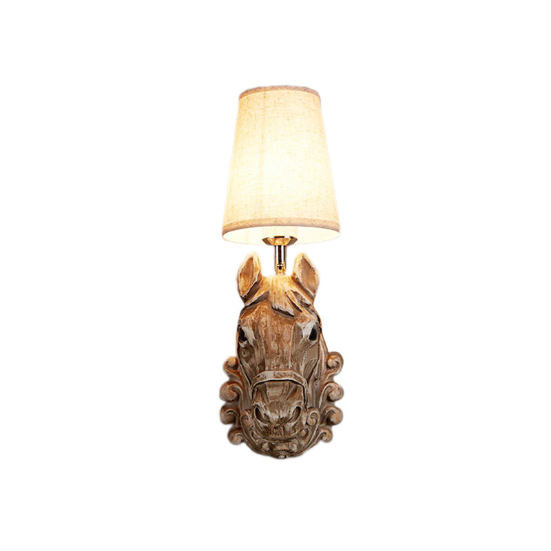 Country Horse Sconce Lamp 1 Bulb Resin Wall Mounted Light in Brown with Tapered Fabric Shade Clearhalo 'Wall Lamps & Sconces' 'Wall Lights' Lighting' 230000