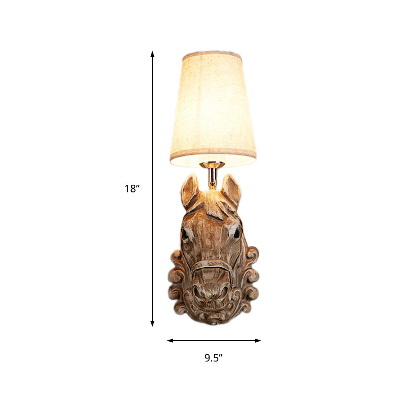 Country Horse Sconce Lamp 1 Bulb Resin Wall Mounted Light in Brown with Tapered Fabric Shade Clearhalo 'Wall Lamps & Sconces' 'Wall Lights' Lighting' 230001